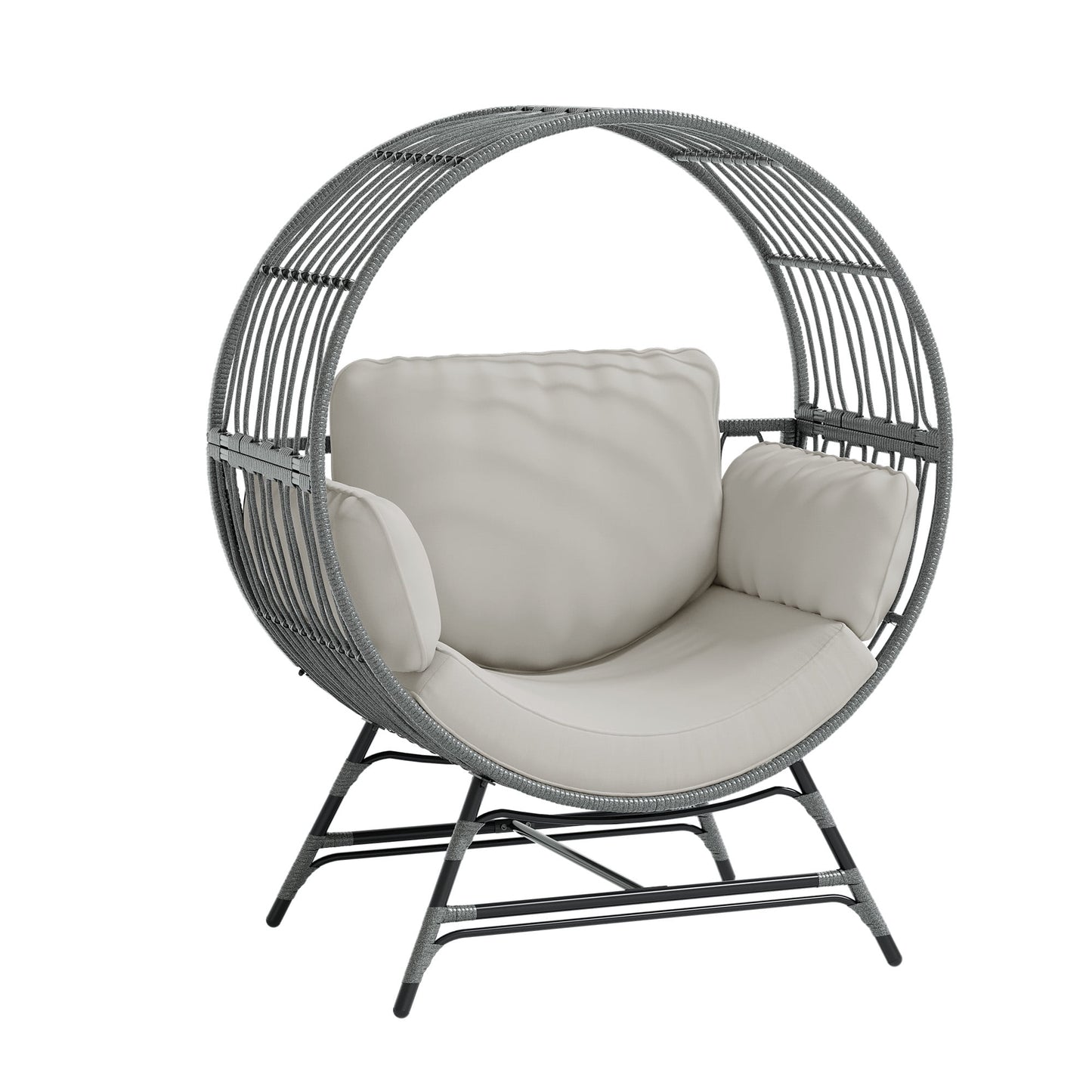 Wicker Round Egg Chair, Oversized Indoor Outdoor Lounger for Patio Living Room, w/ 4 Cushions, Steel Frame, 330lbs Capacity(GR-LR)