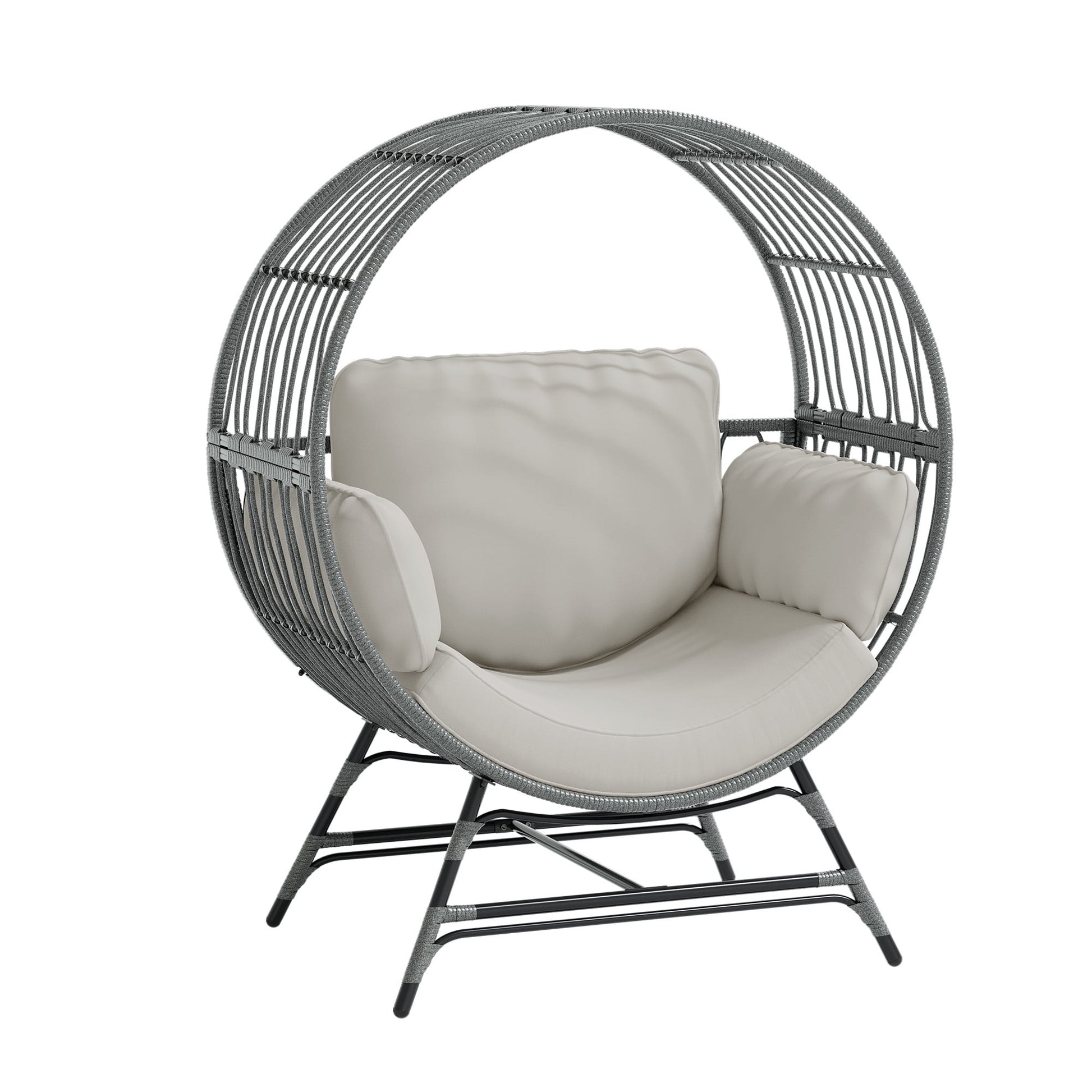 Wicker Round Egg Chair, Oversized Indoor Outdoor Lounger for Patio Living Room, w/ 4 Cushions, Steel Frame, 330lbs Capacity(GR-LR)