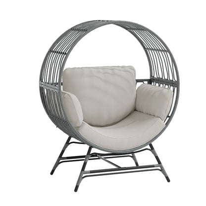 Wicker Round Egg Chair, Oversized Indoor Outdoor Lounger for Patio Living Room, w/ 4 Cushions, Steel Frame, 330lbs Capacity(GR-LR)