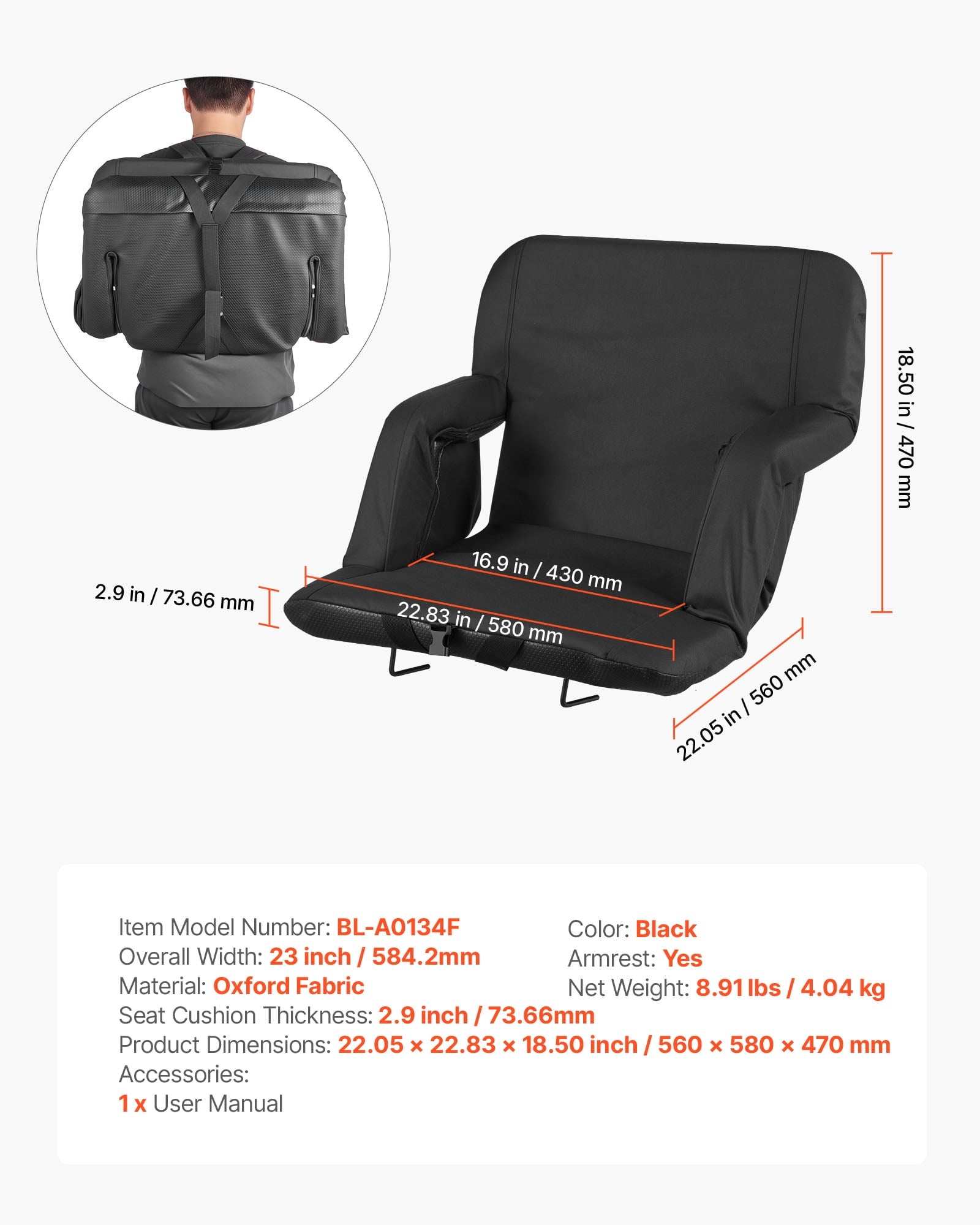 VEVOR Stadium Seat, 6 Adjustable Angle Bleacher Chair, 2.9'' Cushion Stadium Seat with Back Support and Armrest, Wide Bleacher Chair with Hook Pocket Cupholder for Picnics, Beach Sports, and Gaming