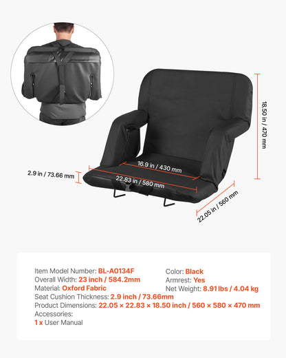 VEVOR Stadium Seat, 6 Adjustable Angle Bleacher Chair, 2.9'' Cushion Stadium Seat with Back Support and Armrest, Wide Bleacher Chair with Hook Pocket Cupholder for Picnics, Beach Sports, and Gaming