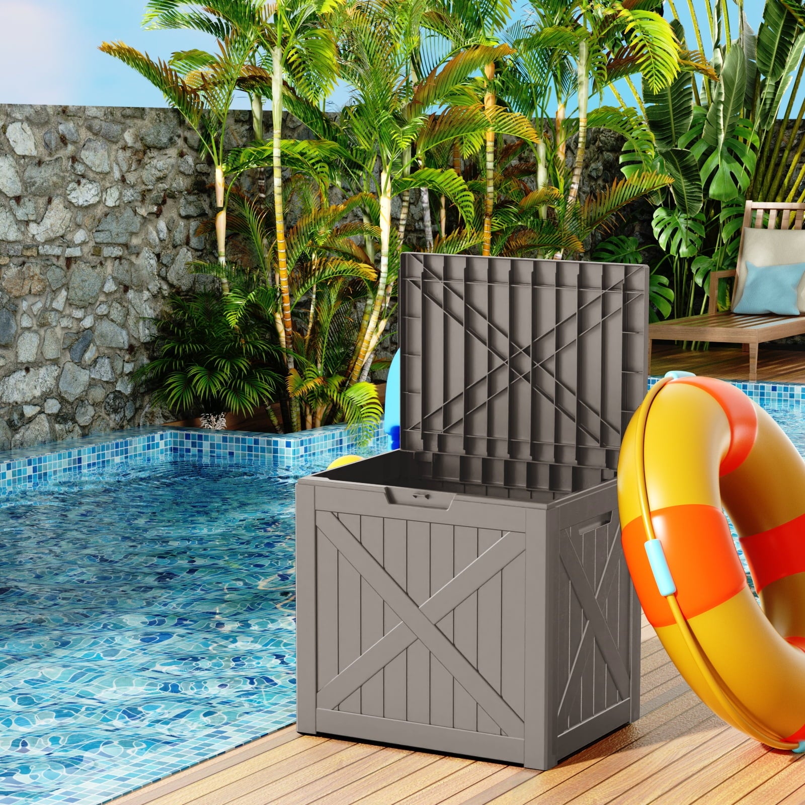 EasyUp 32 Gallon Resin Deck Box, Lockable Patio Outdoor Storage Box for Furniture, Garden Tools and Tools Storage, Waterproof Outside Storage Boxes