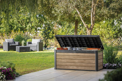 Keter Signature 150 Gallon Durable Weatherproof Resin Deck Box Organization and Storage for Outdoor Patio and Lawn, Ashwood