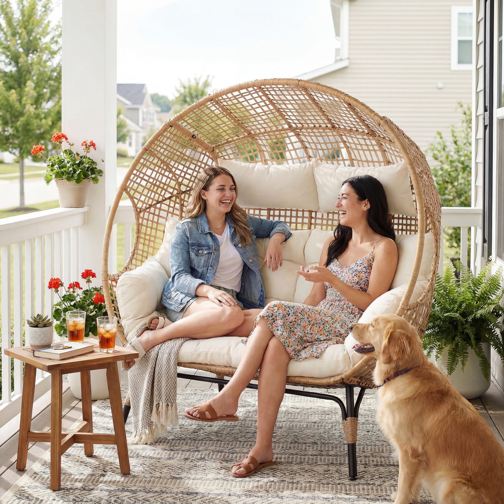 RADIATA Double Egg Chair for 2 Person, Oversized Wicker Loveseat with Thick Cushions, Indoor Outdoor Stationary Patio Lounge Chair for Balcony, Garden, Beige