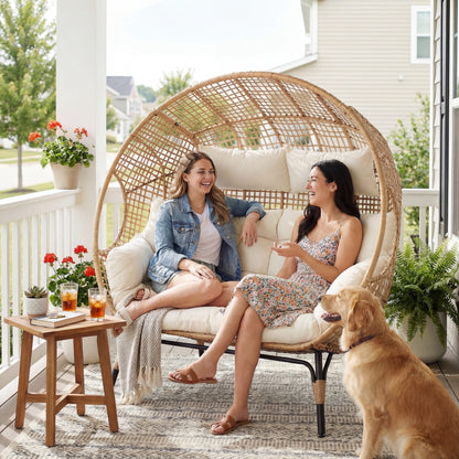 RADIATA Double Egg Chair for 2 Person, Oversized Wicker Loveseat with Thick Cushions, Indoor Outdoor Stationary Patio Lounge Chair for Balcony, Garden, Beige