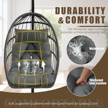 Egg Chair with Stand, Outdoor Hanging Swing Chairs, Indoor Hammock Egg Chair with Removable Cushion and Pillows, Patio Wicker Porch Swings 300LBS Capacity for Garden, Lawn (Grey, Single)
