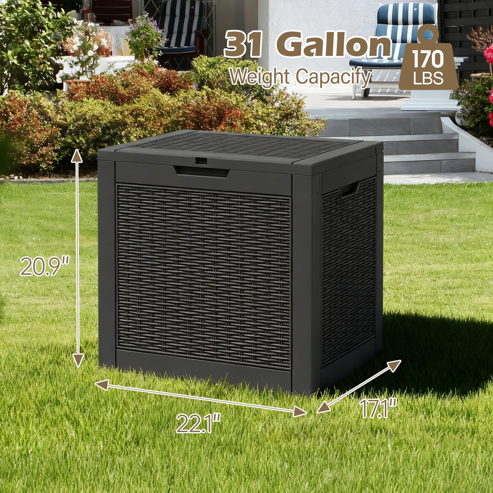 Nihsuao 31-Gallon Outdoor Deck Box, Resin Woven-Pattern Storage Box with Seat, Waterproof and UV Resistant for Garden Tools, Supplies, Toys, Black