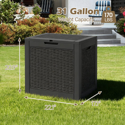 Nihsuao 31-Gallon Outdoor Deck Box, Resin Woven-Pattern Storage Box with Seat, Waterproof and UV Resistant for Garden Tools, Supplies, Toys, Black