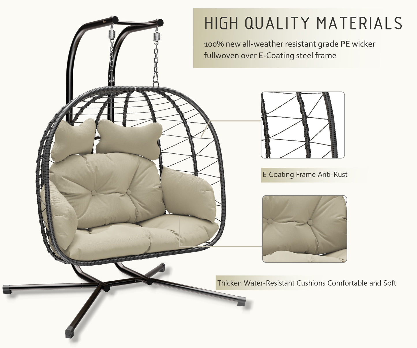 LHBcraft Double Wicker Swing Egg Chair Hammock Foldable Hanging Loveseat with Stand, UV Resistant Removable Cushions, 700LBS Capacity for Bedroom, Balcony (Black and Beige)