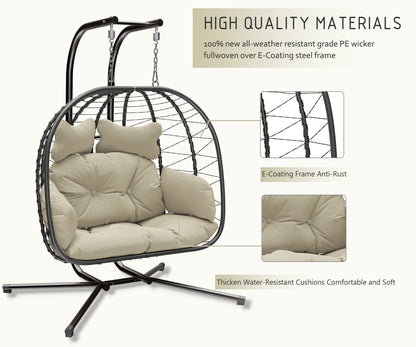 LHBcraft Double Wicker Swing Egg Chair Hammock Foldable Hanging Loveseat with Stand, UV Resistant Removable Cushions, 700LBS Capacity for Bedroom, Balcony (Black and Beige)