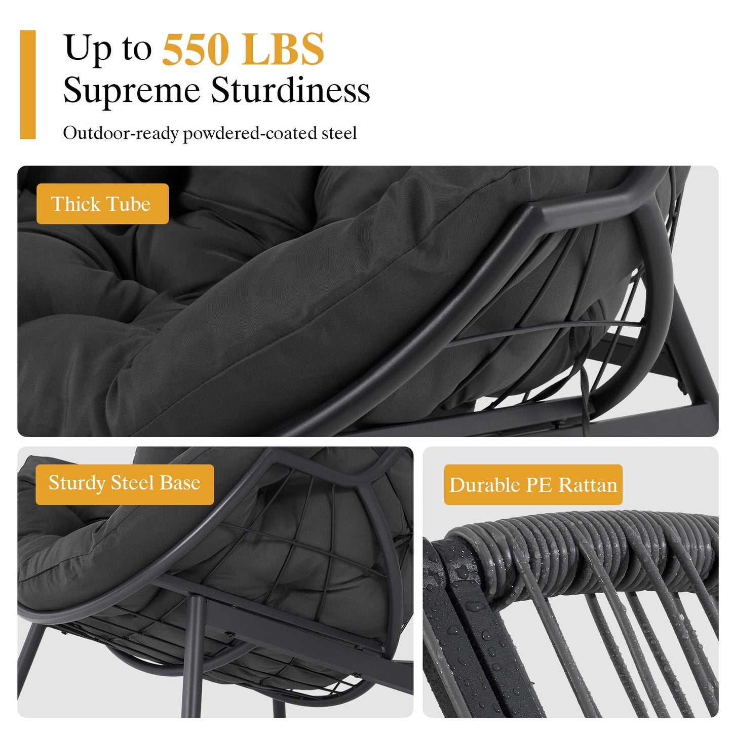 Dovov Oversized Egg Chair with Thick Cushion, Wicker Lounge Chair Rattan Patio Chair Indoor Outdoor Patio Lounger Basket Chair w/ Steel Frame, 500lbs Capacity, Gray