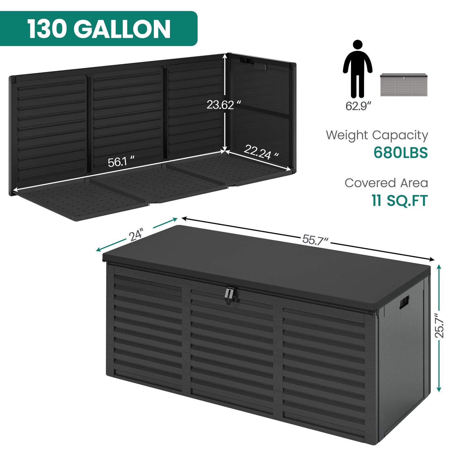 Seizeen 130 Gal Deck Box, Resin Storage Box, Waterproof Large Patio Lockable Deck Box for Outside Cushions, Pool Accessories, Throw Pillows, Garden Tools, Black