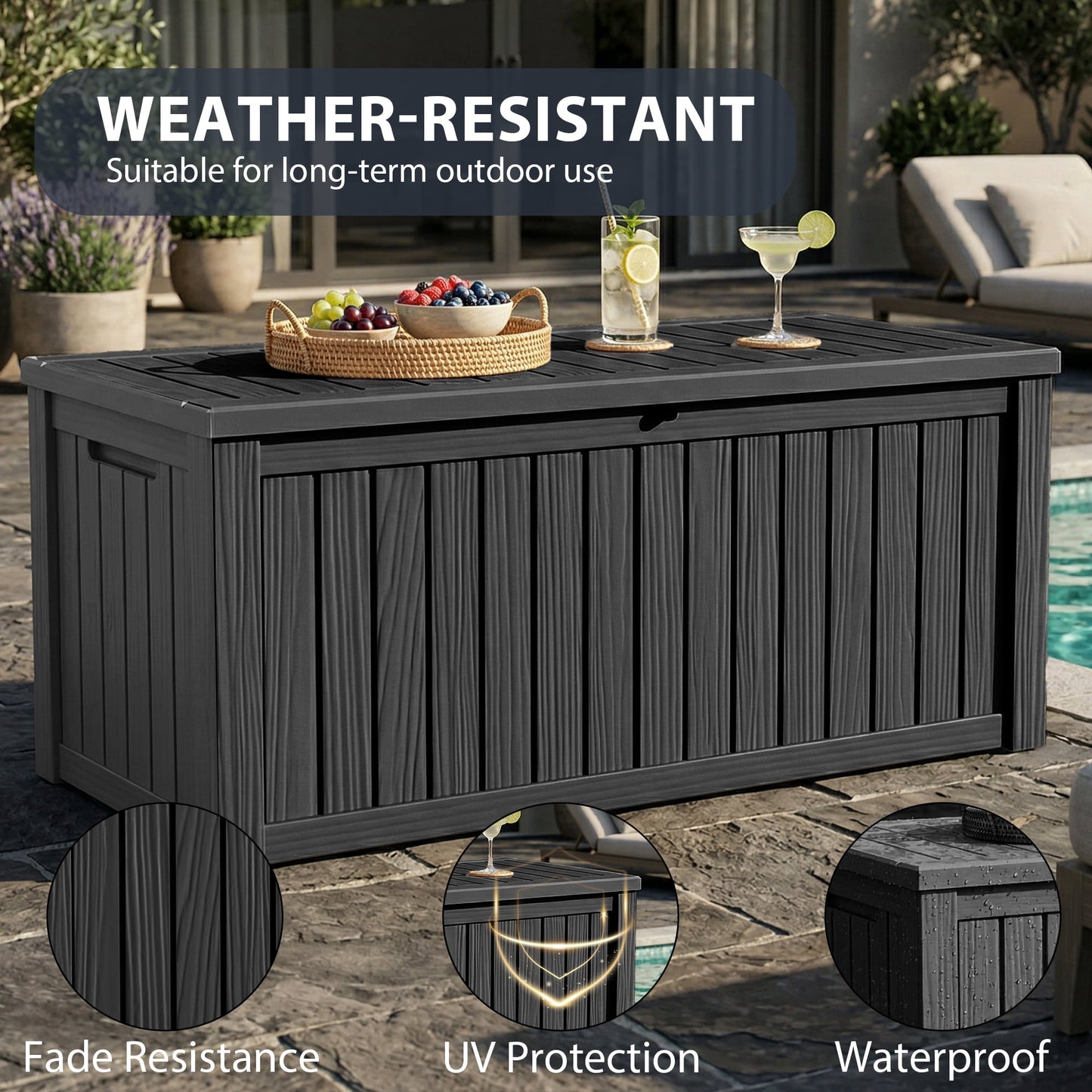 Joxxoaa 120 Gallon Large Lockable Deck Box, Heavy-Duty Resin Outdoor Storage for Patio Furniture, Garden Tools & Pool Toys, Black/Gray