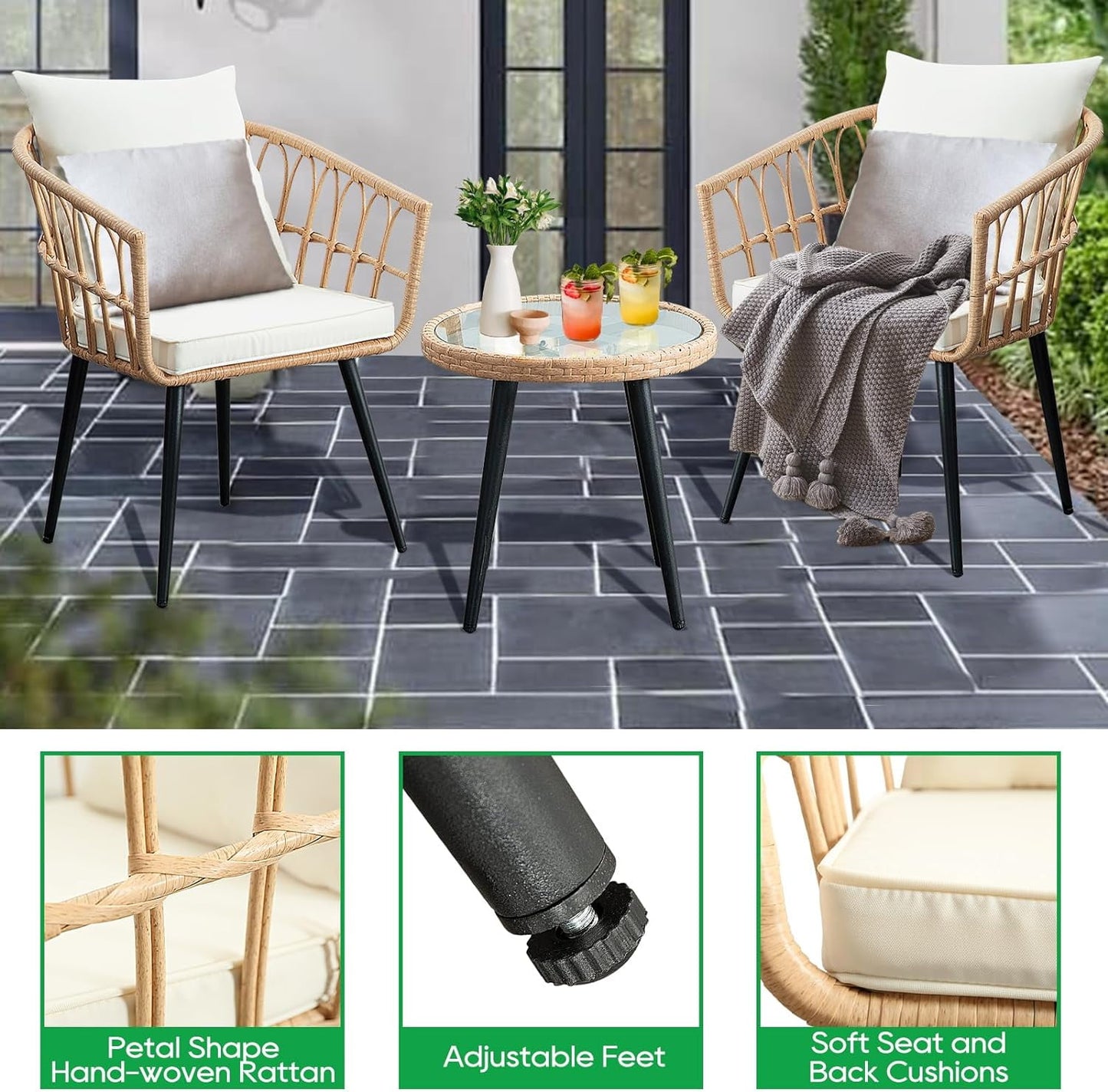 3 Piece Patio Bistro Set,Outdoor Wicker Apartment Balcony Furniture Sets, Rattan Table and Chairs Set of 2 for Porch Backyard Lawn Poolside Deck, Beige