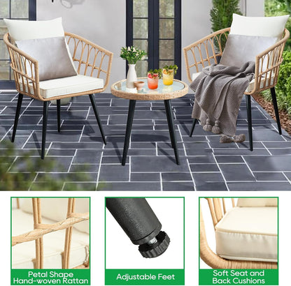 3 Piece Patio Bistro Set,Outdoor Wicker Apartment Balcony Furniture Sets, Rattan Table and Chairs Set of 2 for Porch Backyard Lawn Poolside Deck, Beige