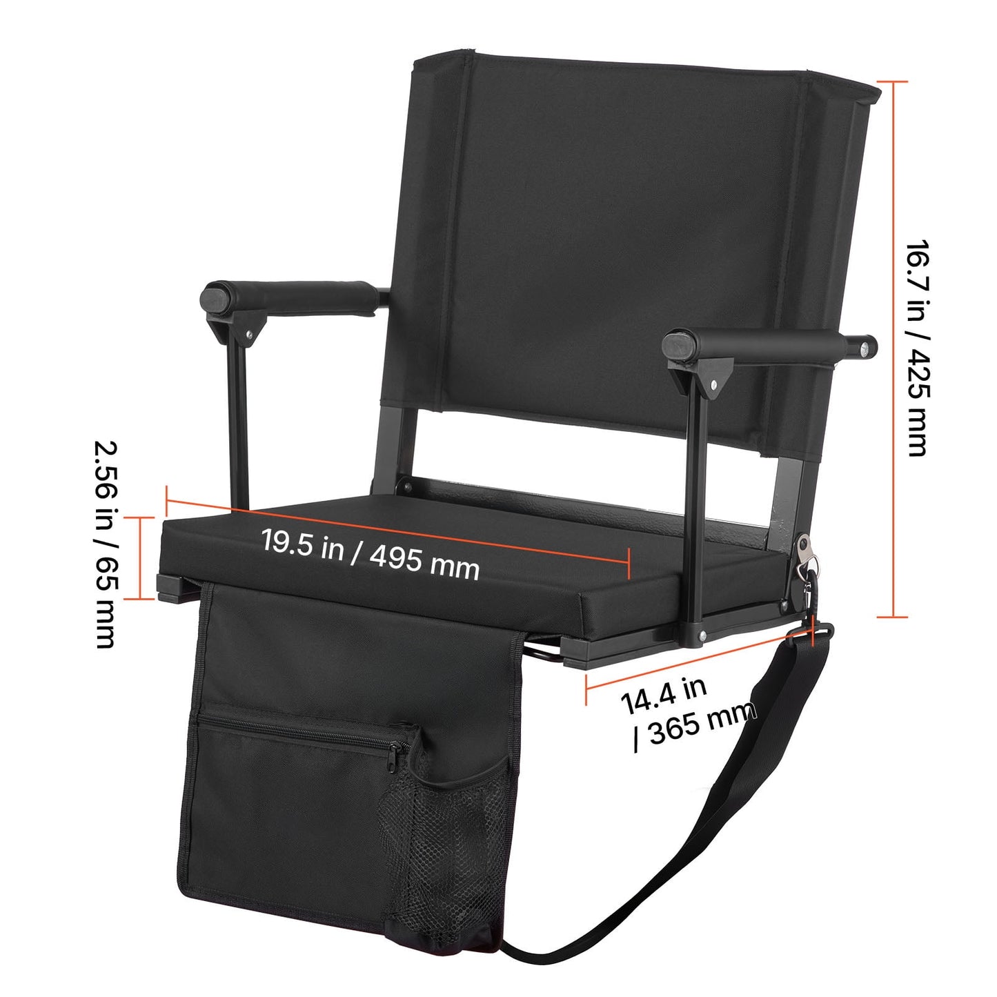 KFFKFF Portable Stadium Seat with Armrests, Back Support, and Padded Cushion, Bleacher Chair with Shoulder Strap, Hooks, and Cup Holder, Black Seat for Sports Events, 1PCS