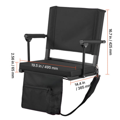 KFFKFF Portable Stadium Seat with Armrests, Back Support, and Padded Cushion, Bleacher Chair with Shoulder Strap, Hooks, and Cup Holder, Black Seat for Sports Events, 1PCS