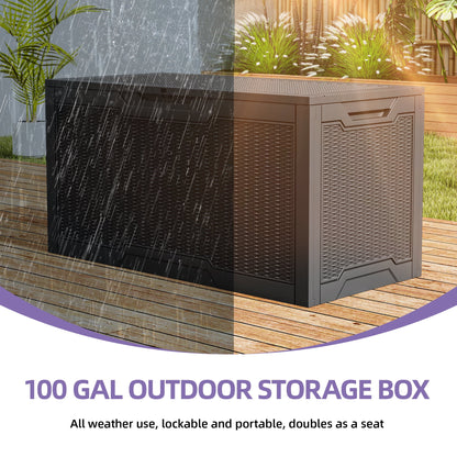 Uforic 100 Gallon large Deck Box, Outdoor Resin Storage Box, Outdoor Container for Patio Garden, Waterproof, Lockable, Black
