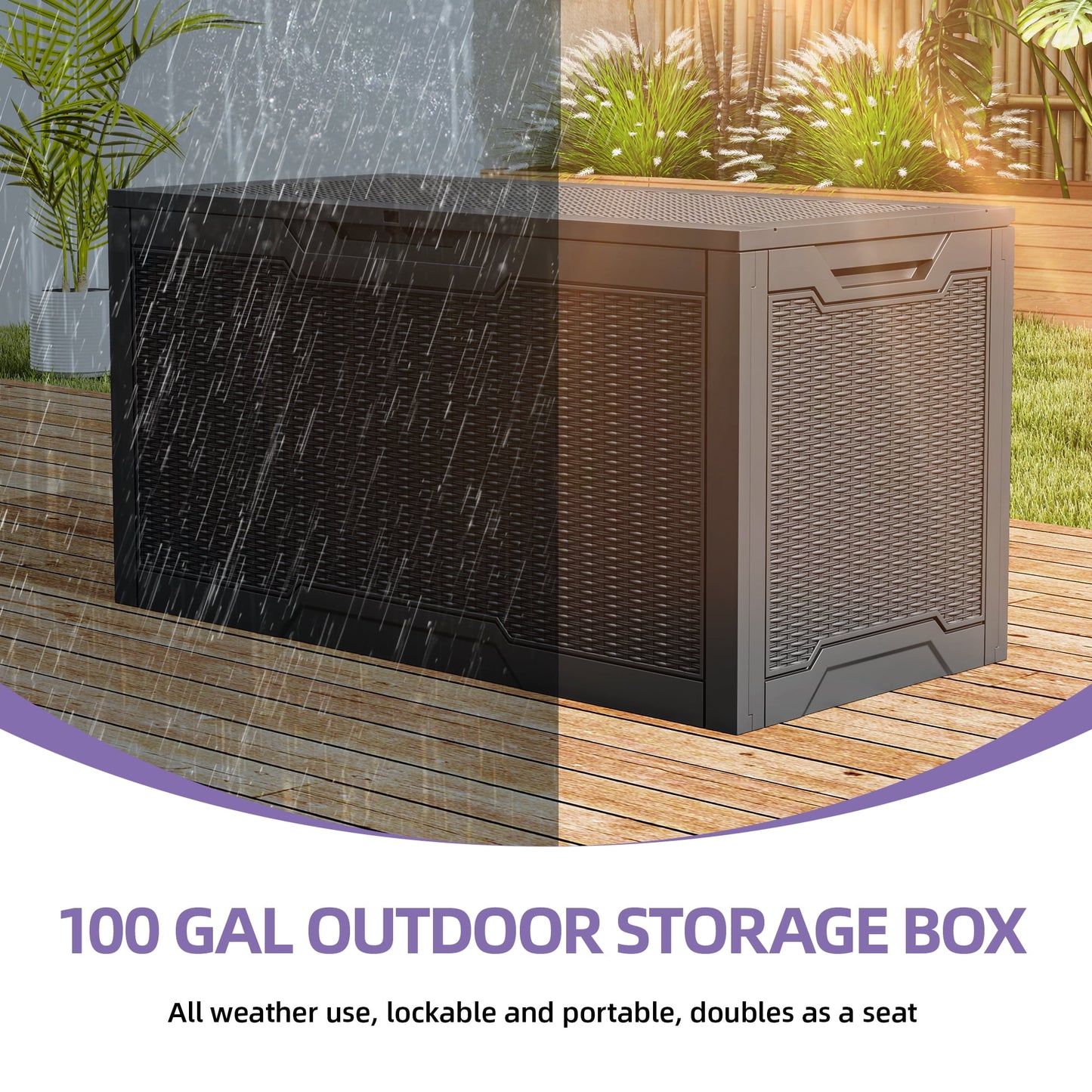Uforic 100 Gallon large Deck Box, Outdoor Resin Storage Box, Outdoor Container for Patio Garden, Waterproof, Lockable, Black