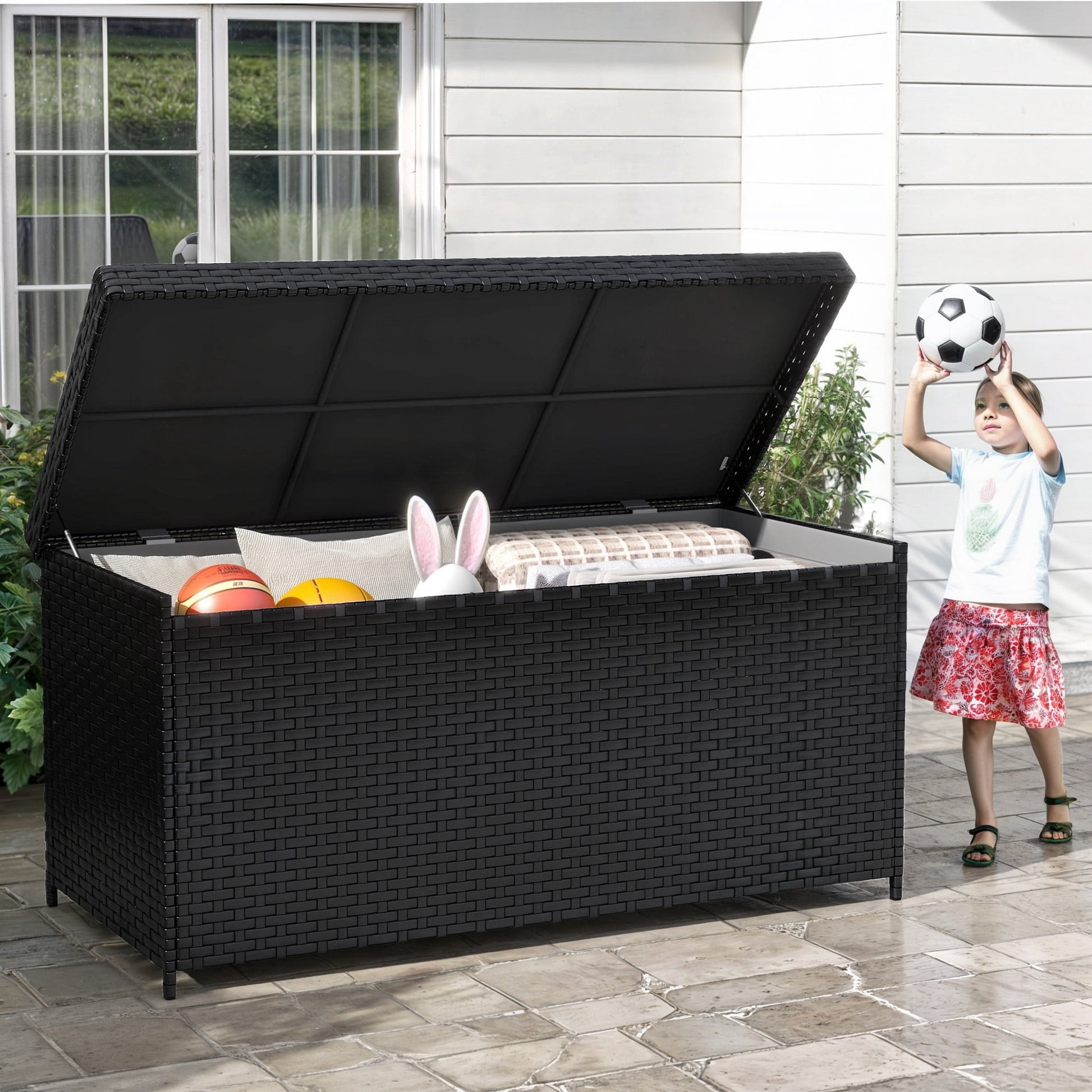 Craftian Outdoor 260 Gallon Waterproof Wicker Deck Box, Black