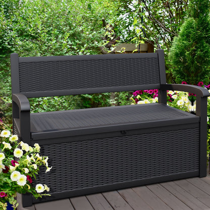 Nihsuao 80 Gallon Plastic Storage Bench Made of Durable Weatherproof Resin, Deck Box Lockable Storage Compartment for Outdoor Patios & Lawns, Black