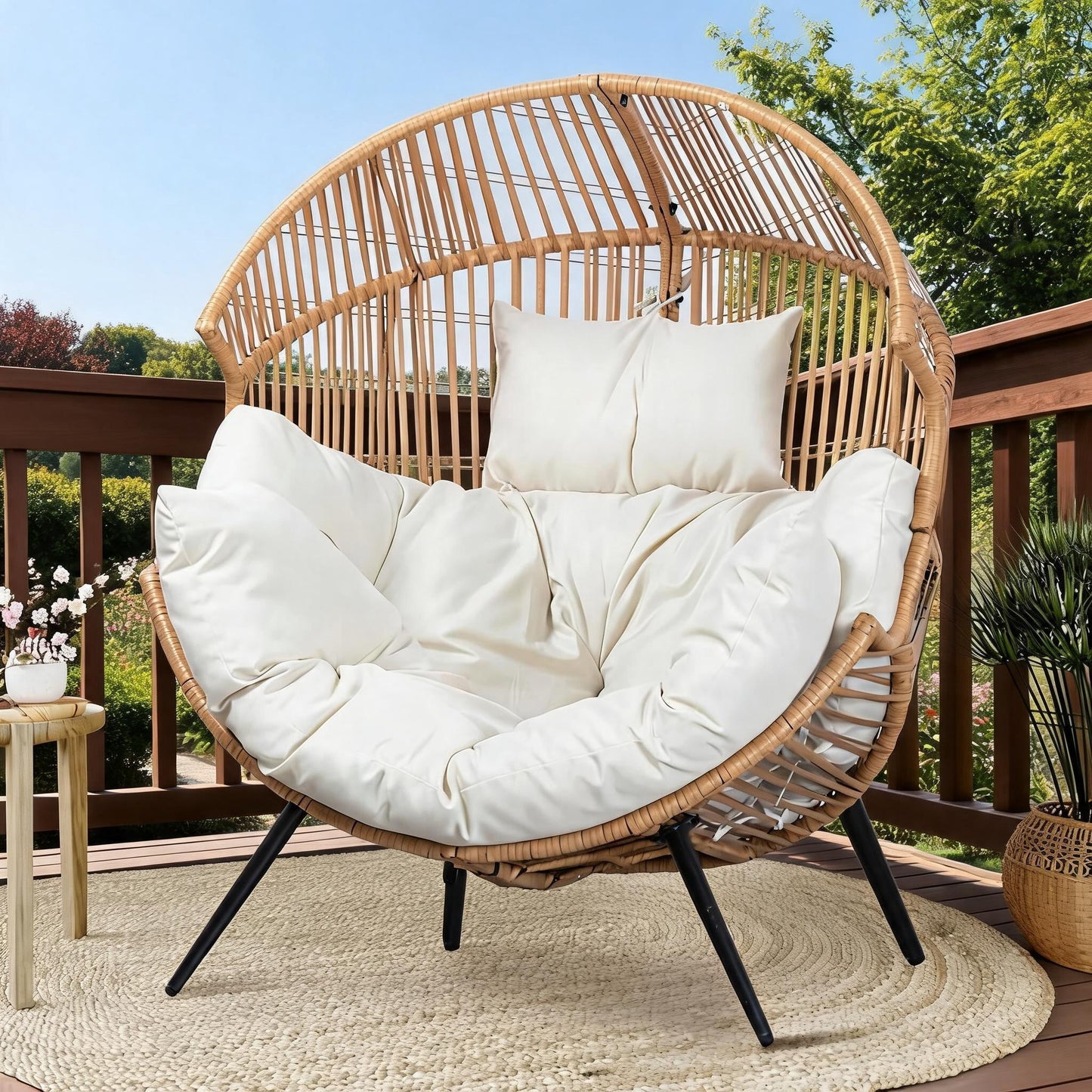 CazToi Indoor Outdoor Wicker Egg Chair, Oversized Lounge Rocker, Rattan Patio Lounge Chair with Pillow & Cushion