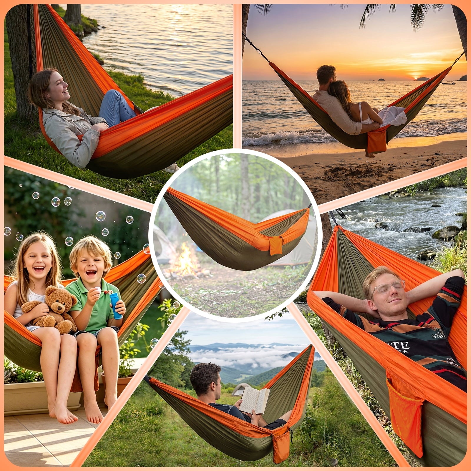NOCOEX Camping Hammock 440lbs with Two 10ft Tree Straps, 2 D-Carabiners & Side Pocket, Parachute Nylon Portable Lightweight Hammock for Travel, Hiking, Backpacking, Beach (Orange)
