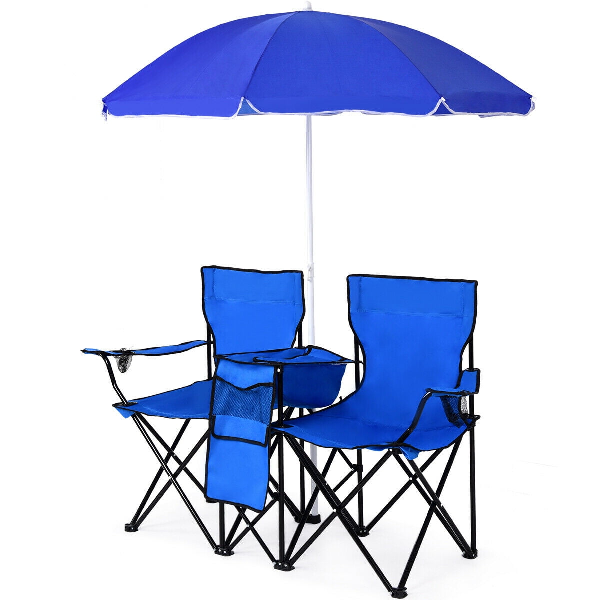 Costway Portable Camping Folding Picnic Double Chair W/Umbrella Table Cooler Beach Camping Chair