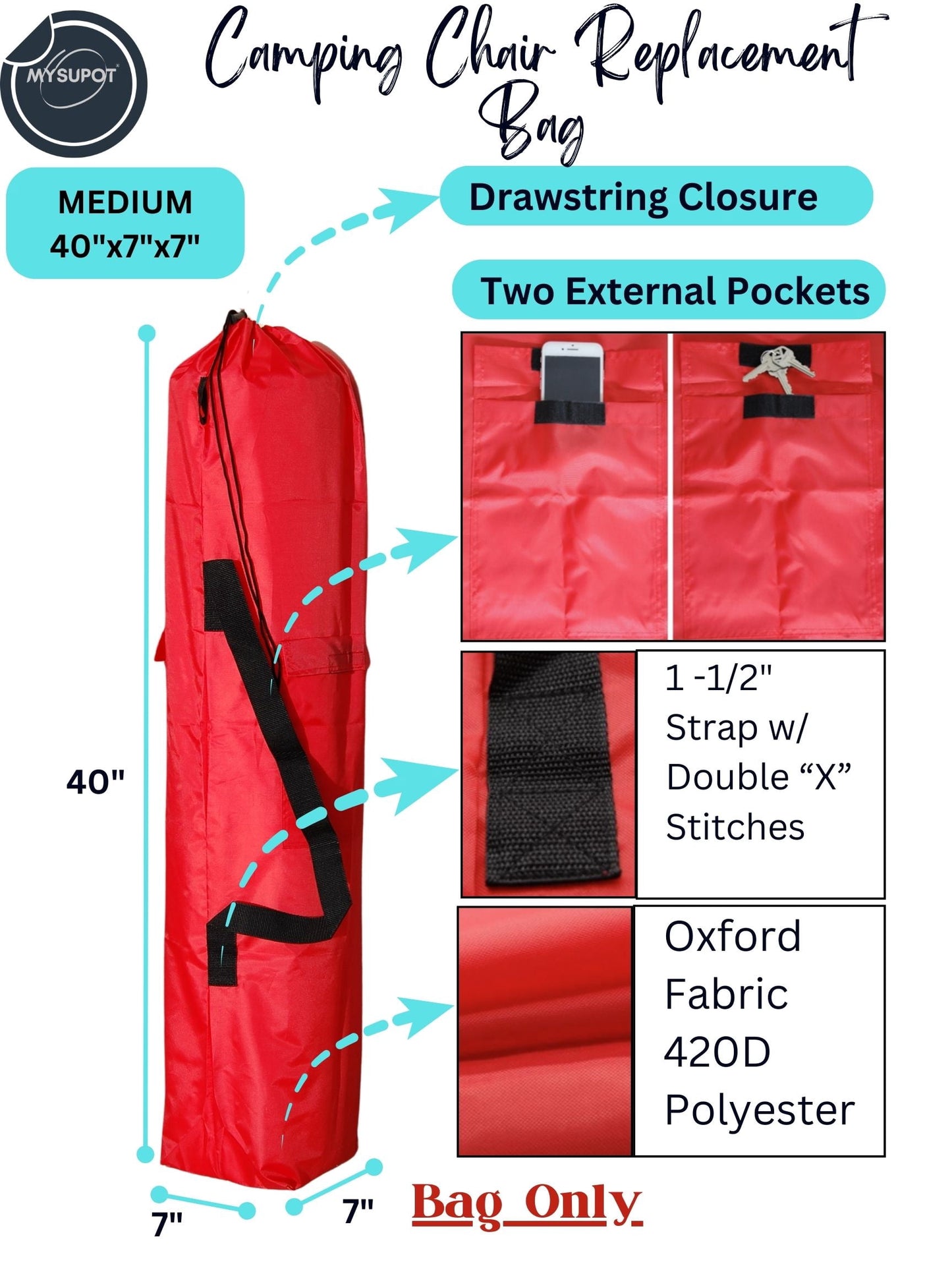 Camping Chair Bag. Bag for Beach, Portable, Foldable, Outdoor Chair Bag - 40"x7"x7" Red