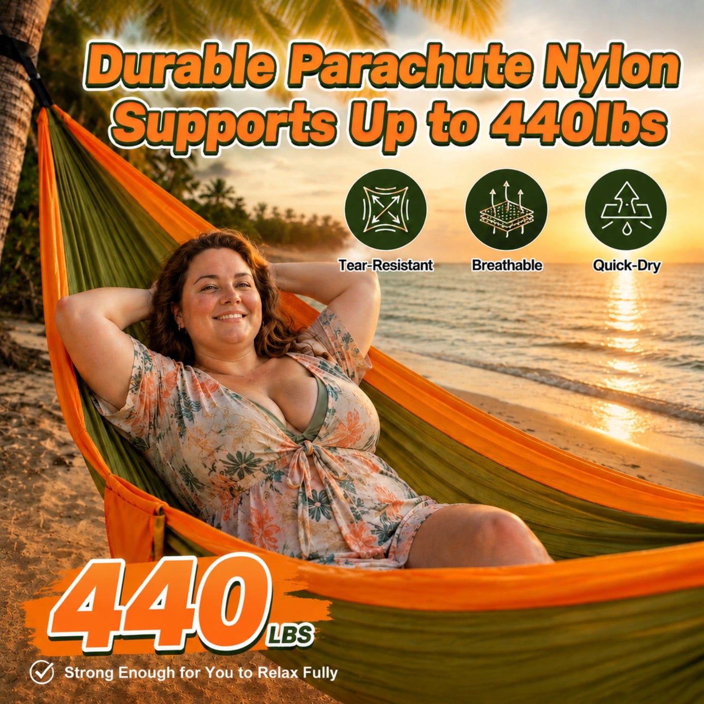NOCOEX Camping Hammock 440lbs with Two 10ft Tree Straps, 2 D-Carabiners & Side Pocket, Parachute Nylon Portable Lightweight Hammock for Travel, Hiking, Backpacking, Beach (Orange)