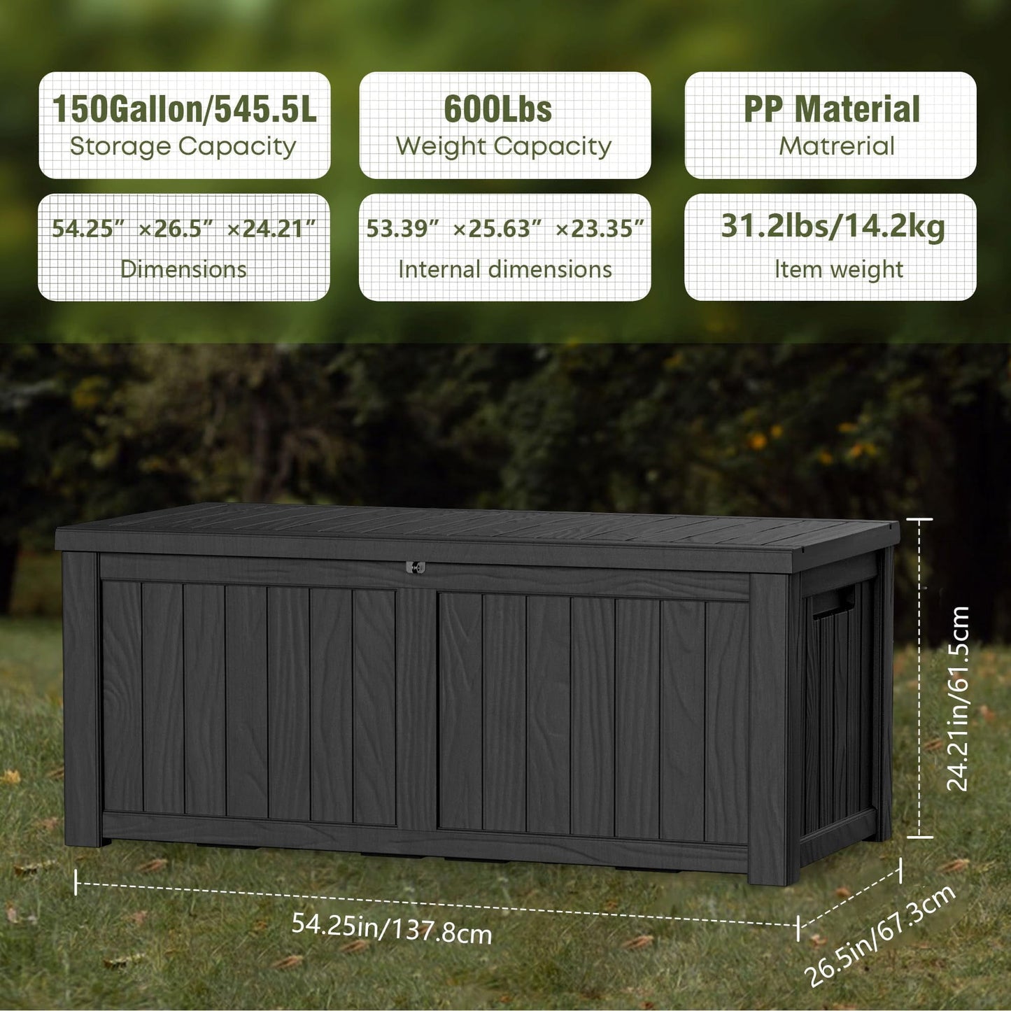 150 Gallon Outdoor Storage Box, Large Storage Deck Box for Patio Furniture Accessories, Garden Tools, Indoor Storage for Cushion, Black