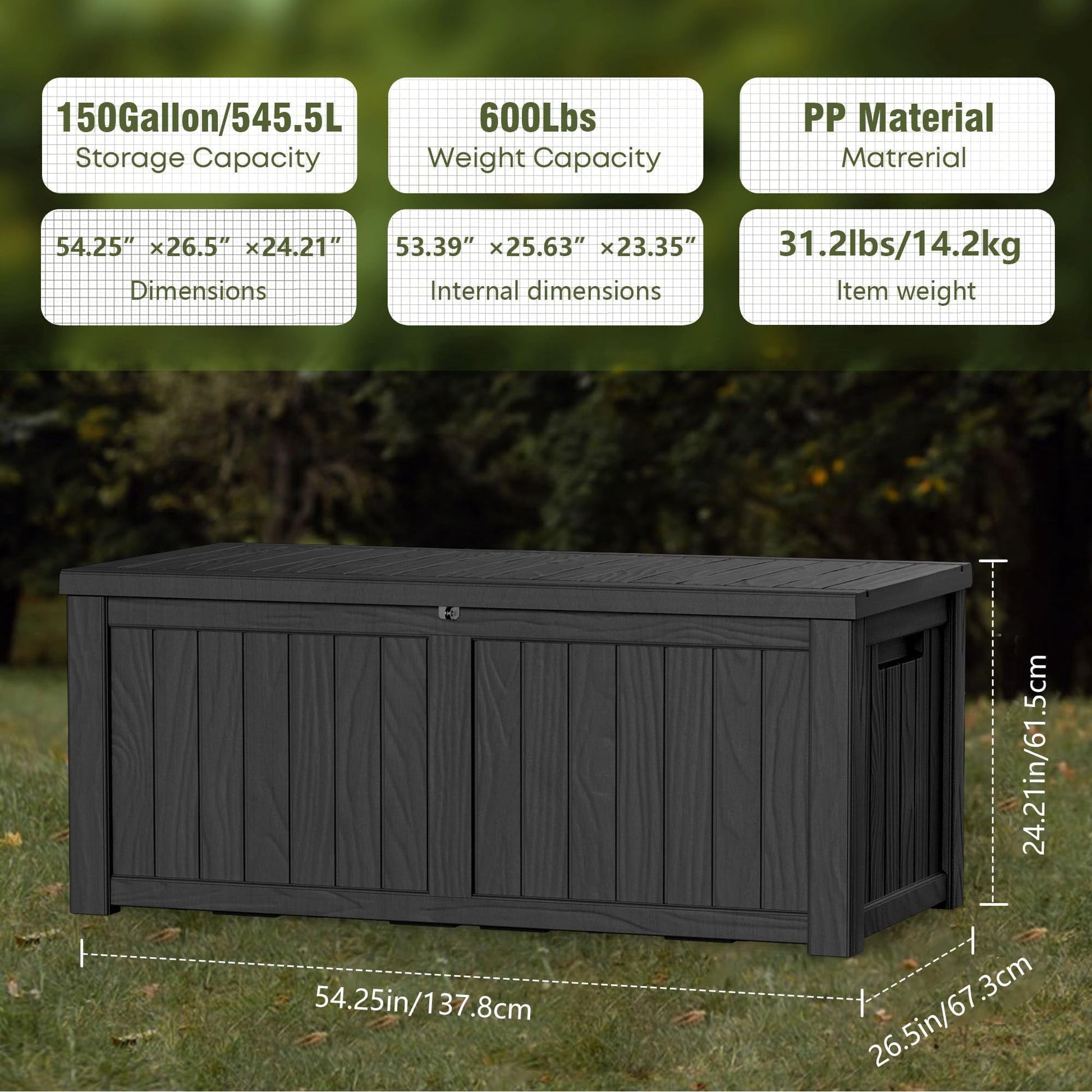150 Gallon Outdoor Storage Box, Large Storage Deck Box for Patio Furniture Accessories, Garden Tools, Indoor Storage for Cushion, Black