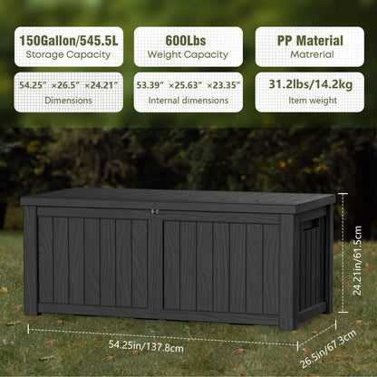 150 Gallon Outdoor Storage Box, Large Storage Deck Box for Patio Furniture Accessories, Garden Tools, Indoor Storage for Cushion, Black