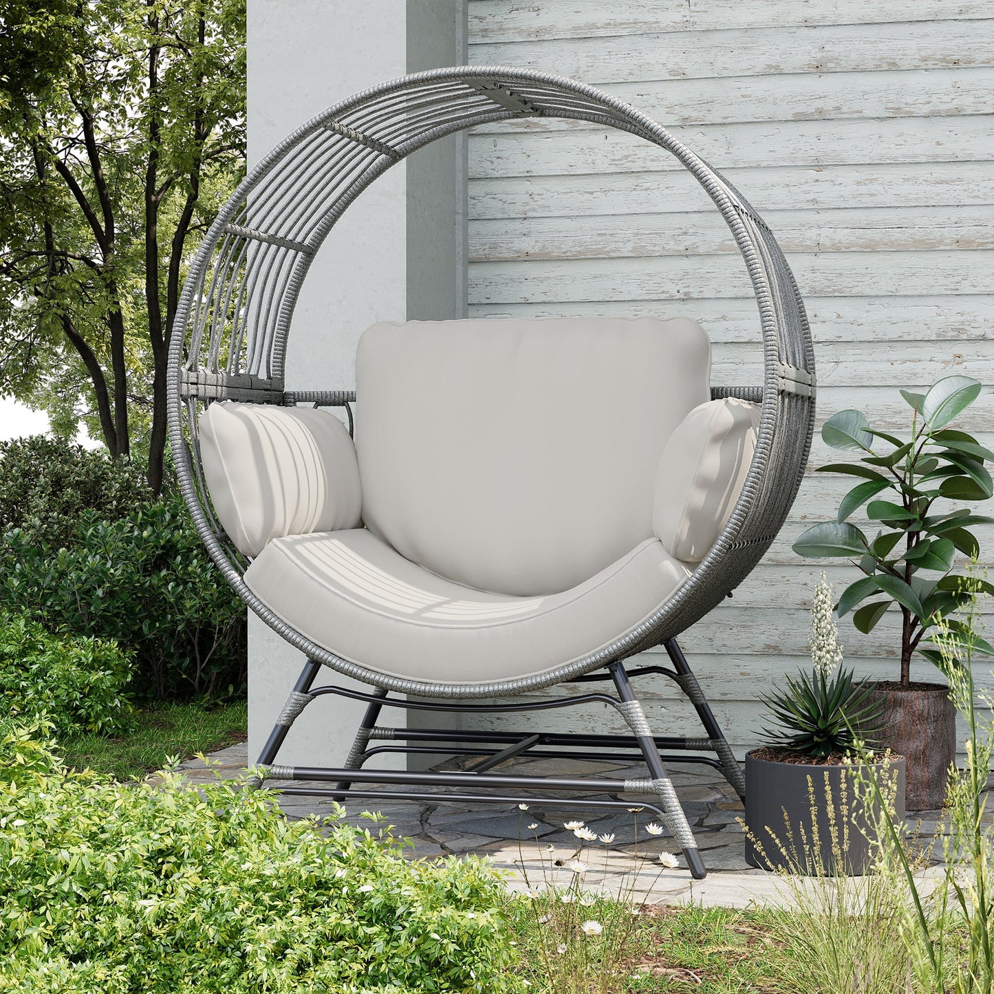 Wicker Round Egg Chair, Oversized Indoor Outdoor Lounger for Patio Living Room, w/ 4 Cushions, Steel Frame, 330lbs Capacity(GR-LR)