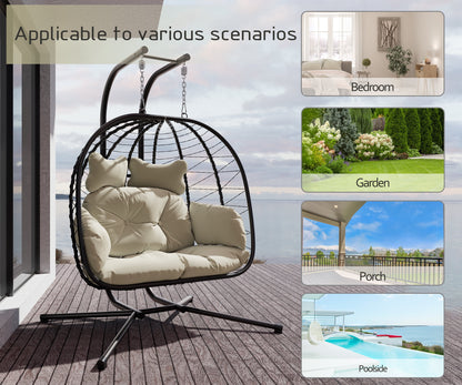 LHBcraft Double Wicker Swing Egg Chair Hammock Foldable Hanging Loveseat with Stand, UV Resistant Removable Cushions, 700LBS Capacity for Bedroom, Balcony (Black and Beige)