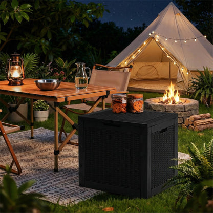 edx 31 Gallon Outdoor Storage Box, Wicker Pattern Resin Deck Box with Lockable Lid & Built-in Handles, 170 Lbs Capacity Storage Bench for Indoor/Outdoor Use, Black