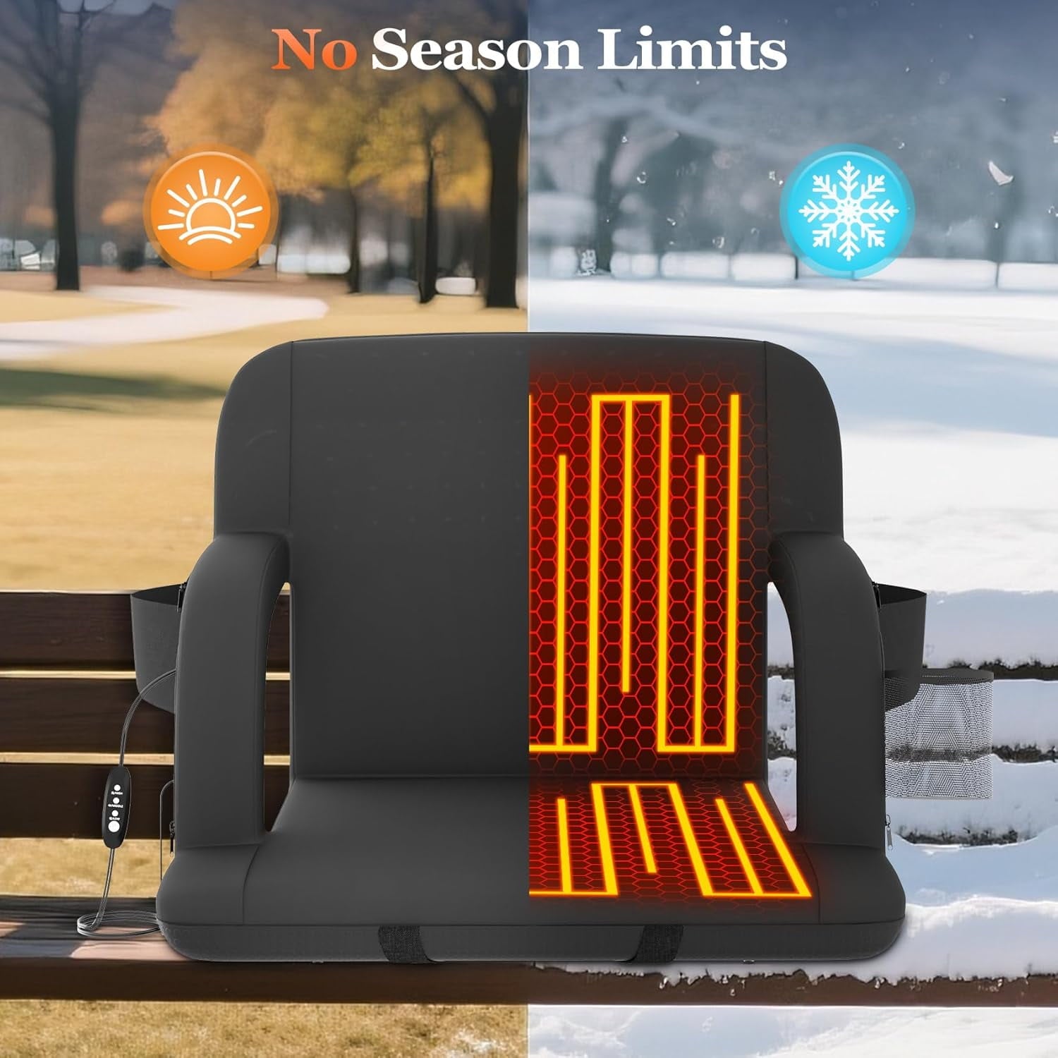 DKMOCO 2PCS 25in Extra Wide Dual Side Heated Stadium Seats for Bleachers with Back Support, Folding Bleacher Seat with Storage Pockets for Outdoor Camping Games Sports, Black(No Battery)