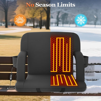 DKMOCO 2PCS 25in Extra Wide Dual Side Heated Stadium Seats for Bleachers with Back Support, Folding Bleacher Seat with Storage Pockets for Outdoor Camping Games Sports, Black(No Battery)