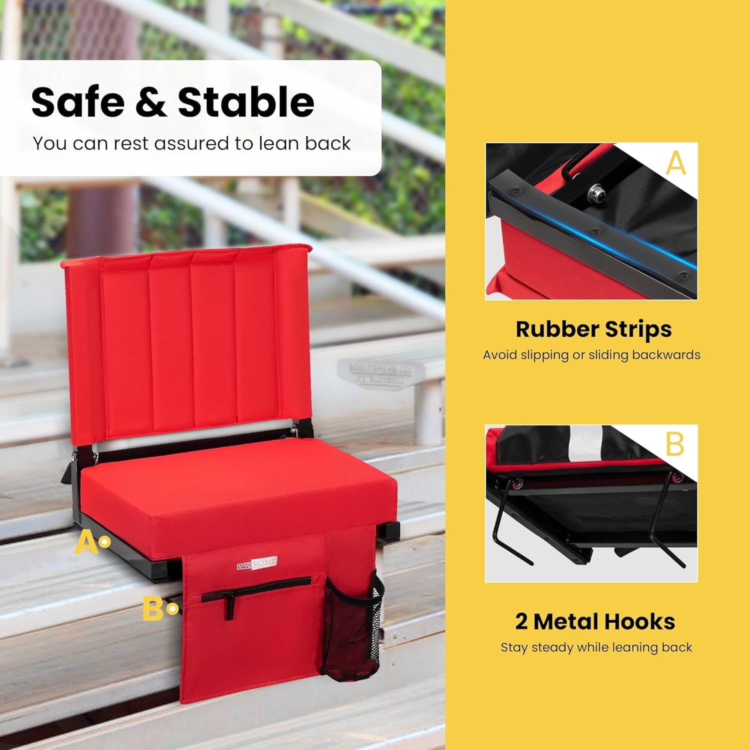 2-Pack Portable Stadium Seat for Bleachers with Back Support, Folding Bleacher Chair with Cup Holder and Shoulder Strap Red