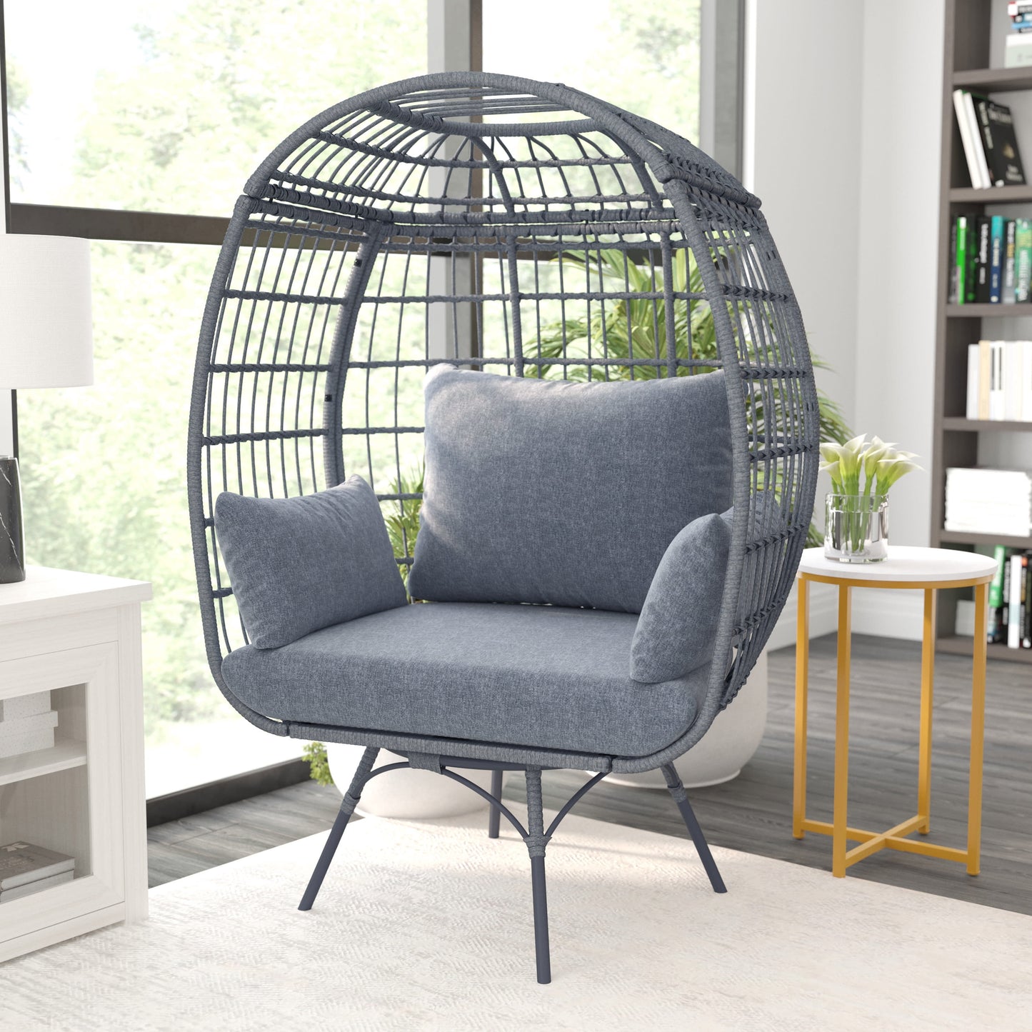 Emma + Oliver Gray/Gray Indoor/Outdoor Oversized Swivel Lounge Egg Chair with Wicker Rattan Construction and 4 Cushions for Patio, Sunroom, or Deck