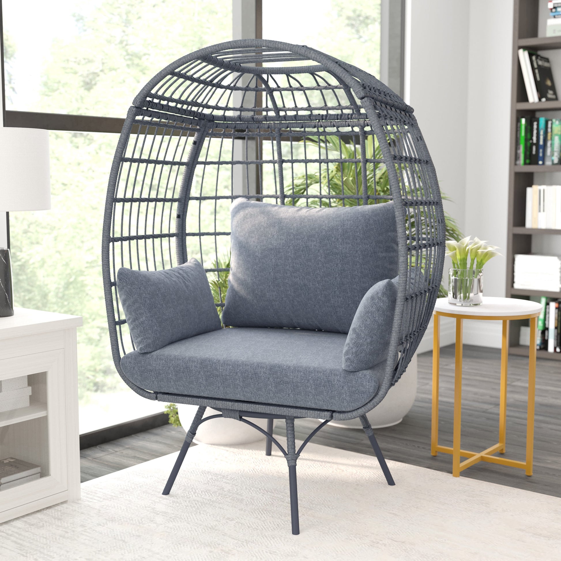 Emma + Oliver Gray/Gray Indoor/Outdoor Oversized Swivel Lounge Egg Chair with Wicker Rattan Construction and 4 Cushions for Patio, Sunroom, or Deck