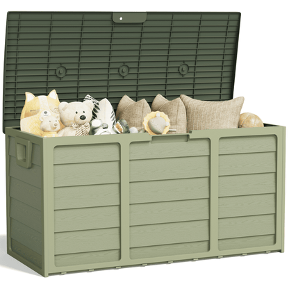 Marknig 75 Gallon Deck Box, Indoor Outdoor Storage Box for Patio Furniture, Pool Accessories, Garden Tools, Sports Equipment, Waterproof Resin Rattan Box with Lockable Lid and Side Handles, Green