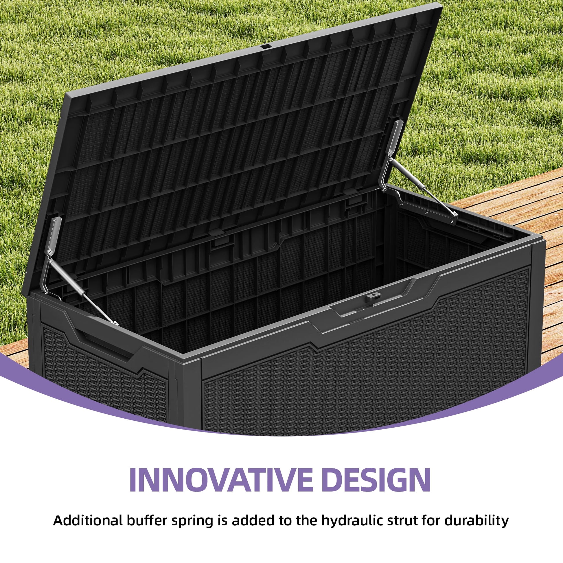 Uforic 100 Gallon large Deck Box, Outdoor Resin Storage Box, Outdoor Container for Patio Garden, Waterproof, Lockable, Black