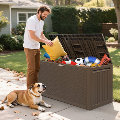 Enyopro 90 Gallon Deck Box, Organization and Storage Box for Patio Furniture Outdoor Cushions, Throw Pillows, Garden Tools and Pool Toys, Brown