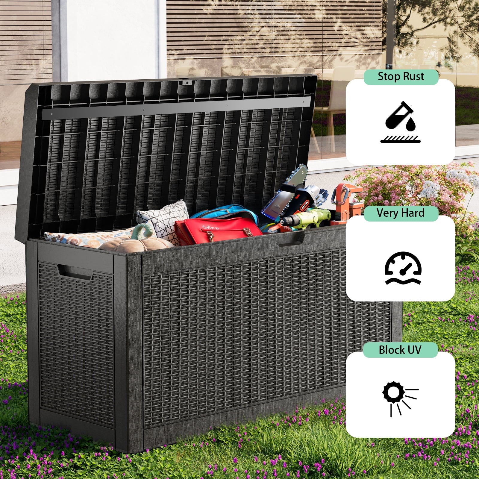 Easy Up 60 Gallon Resin Deck Box, Lockable Patio Outdoor Storage Box for Furniture, Garden Tools and Tools Storage, Waterproof Outside Storage Boxes