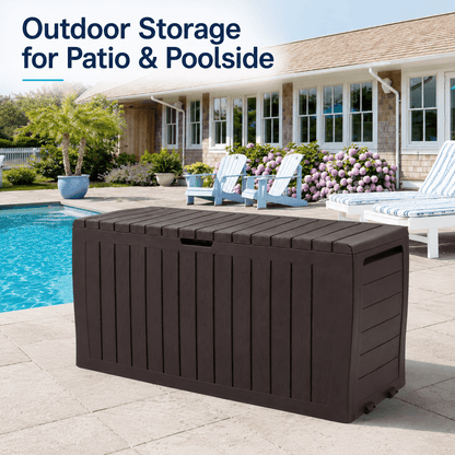 75GAL Outdoor Storage Box, Seizeen Deck Box for Outside, Storage Bench w/Wheels & Padlock, All-weather Waterproof Patio Storage Container for Cushions, as Seat Max 250LBS, Espresso