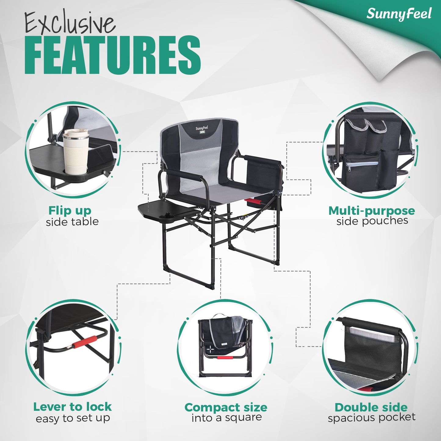 Sunnyfeel Camping Directors Chair, Heavy Duty, Oversized Portable Folding Chair with Side Table, Pocket for Beach, Fishing, Trip, Picnic, Lawn, Concert Outdoor Foldable Camp Chairs