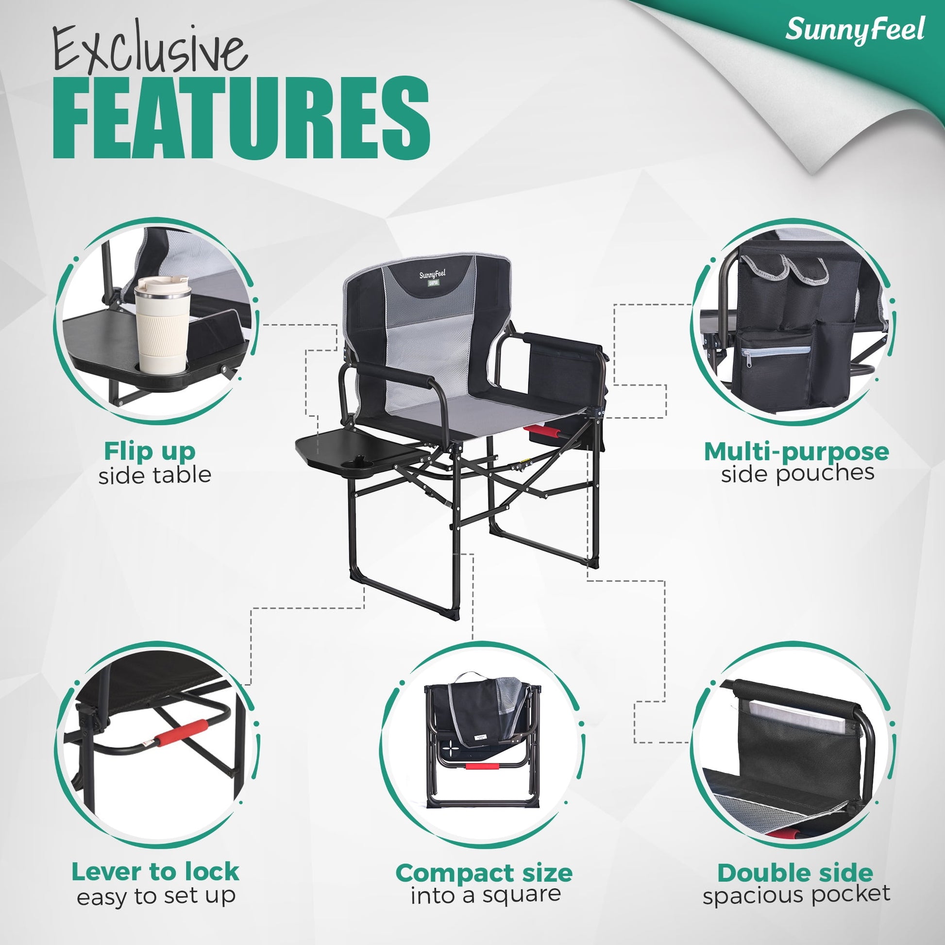 Sunnyfeel Camping Directors Chair, Heavy Duty, Oversized Portable Folding Chair with Side Table, Pocket for Beach, Fishing, Trip, Picnic, Lawn, Concert Outdoor Foldable Camp Chairs