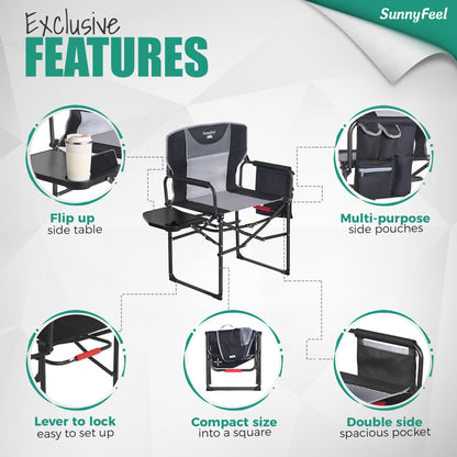 Sunnyfeel Camping Directors Chair, Heavy Duty, Oversized Portable Folding Chair with Side Table, Pocket for Beach, Fishing, Trip, Picnic, Lawn, Concert Outdoor Foldable Camp Chairs