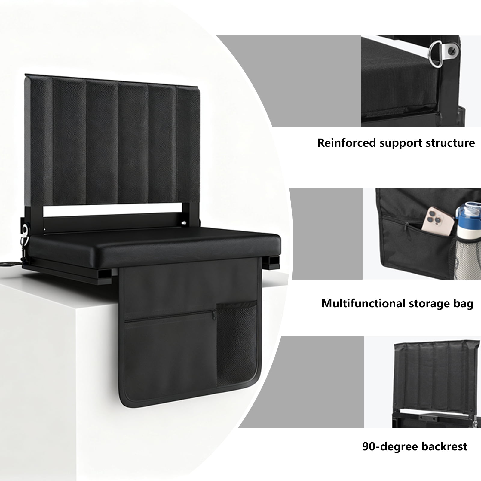 Portable Stadium Seat with Back Support, Folding Bleacher Chair with Cushion, Cup Holders, Storage Pockets – Ideal for Sports Events, Camping & Picnics (Black)